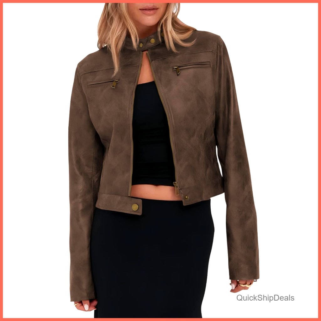 Faux Leather Cropped Jacket Zip Up Stand Collar Motorcycle Coat